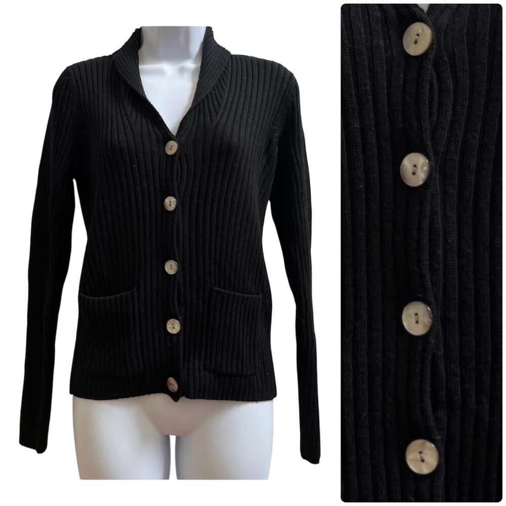 Vintage Y2K LL Bean Women’s Black Merino Wool Shawl Collar Pocket Cardigan Small
